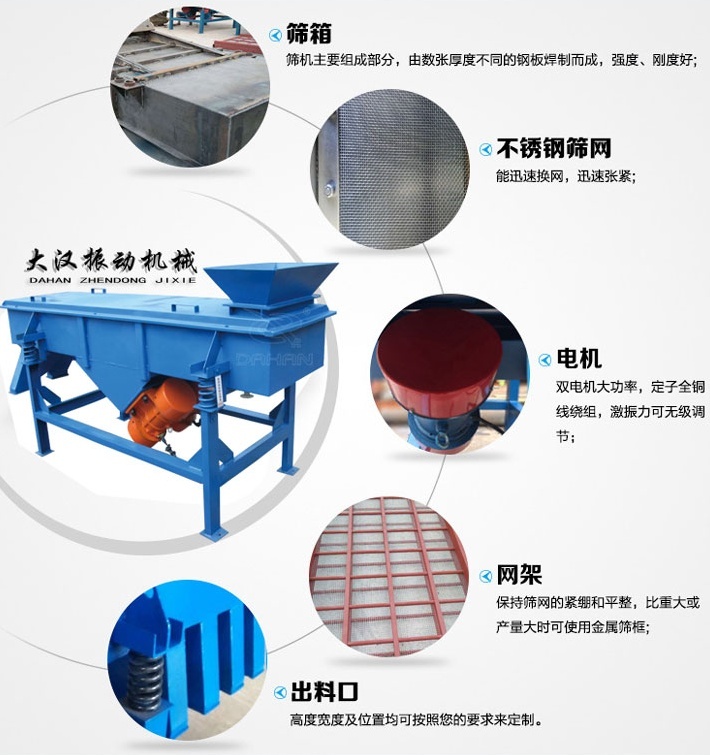 525型直線振動篩結(jié)構(gòu)細節(jié)：篩箱：篩機主要組成部分，由數(shù)張厚度不同的鋼板焊制而成，強度，剛度好。不銹鋼篩網(wǎng)：能速換網(wǎng)，迅速張緊。電機：雙電機大功率，定子全銅線繞組，激振力可無級調(diào)節(jié)。網(wǎng)架：保持篩網(wǎng)的緊繃和平整，比重大或產(chǎn)量大時可使用金屬篩框。出料口：高度寬度及位置均可按照您的要求定制。