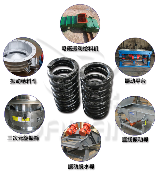 旋振篩減震彈簧適用產(chǎn)品：振動(dòng)給料機(jī)，電磁振動(dòng)給料機(jī)，振動(dòng)平臺(tái)，直線振動(dòng)篩，振動(dòng)脫水篩，三次元旋振篩。